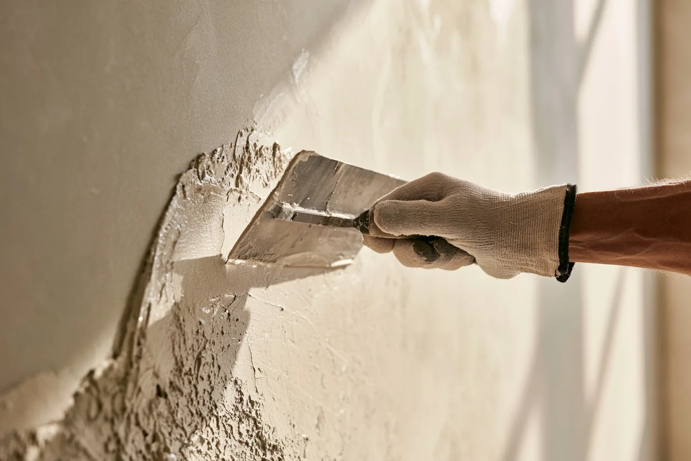 A gloved hand drawing a steel trowel across fresh lime plaster on an interior wall, raking daylight across the surface.