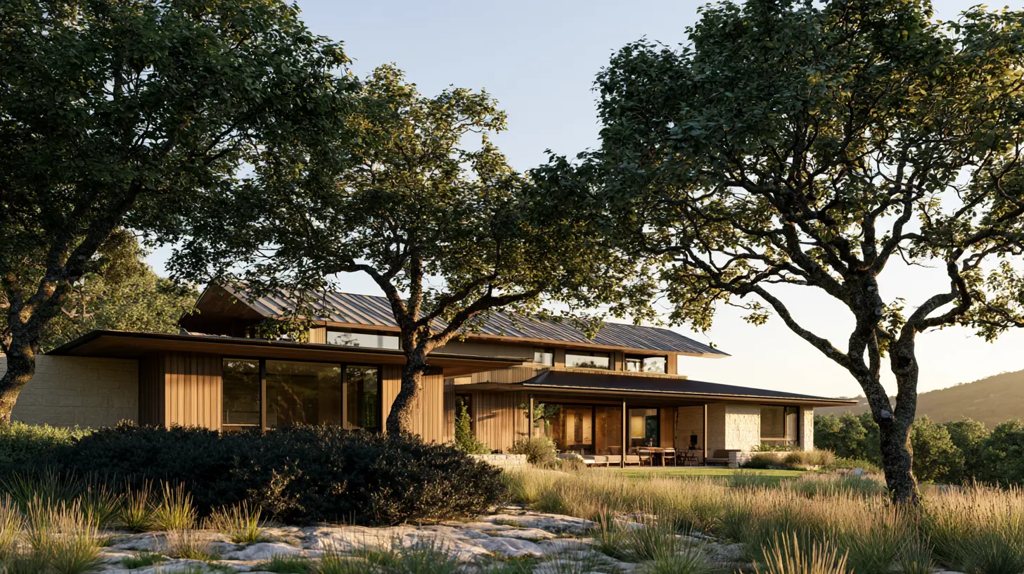 Single-story Hill Country house with a standing-seam metal roof and vertical wood cladding, low sun through live oaks, native grasses in the foreground.
