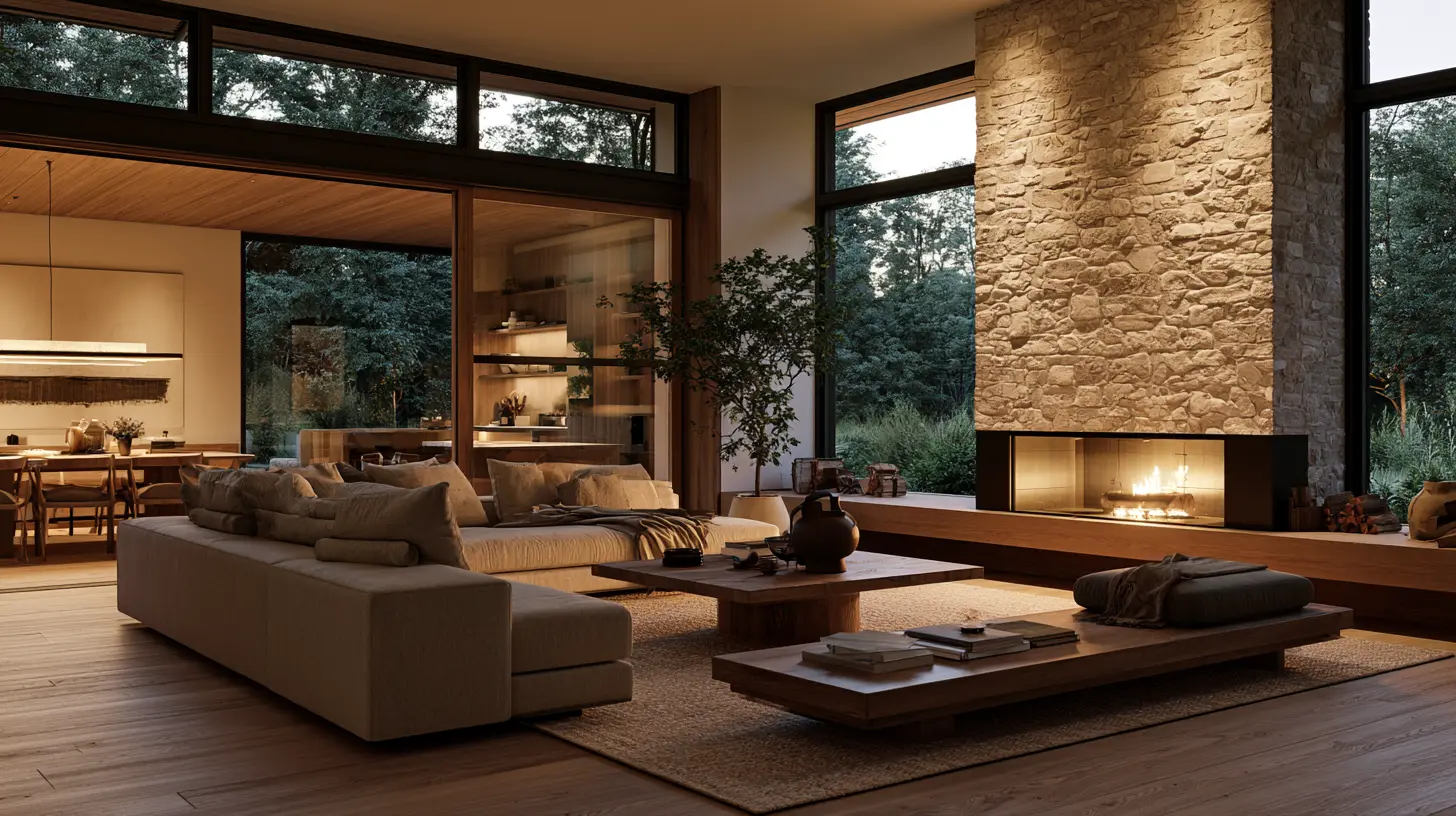 Open living room in the evening with a stone chimney mass, linear fire, warm interior light, and glazing to dark trees beyond.